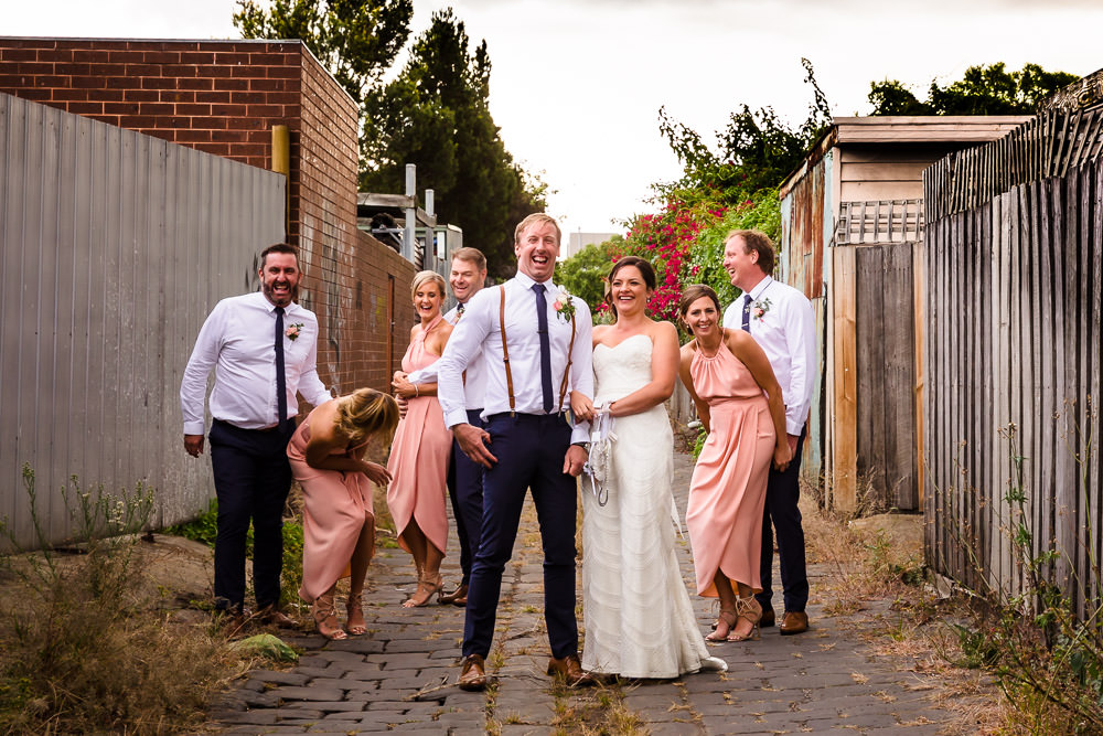 bridal party portraits in the laneway beside the post office hotel