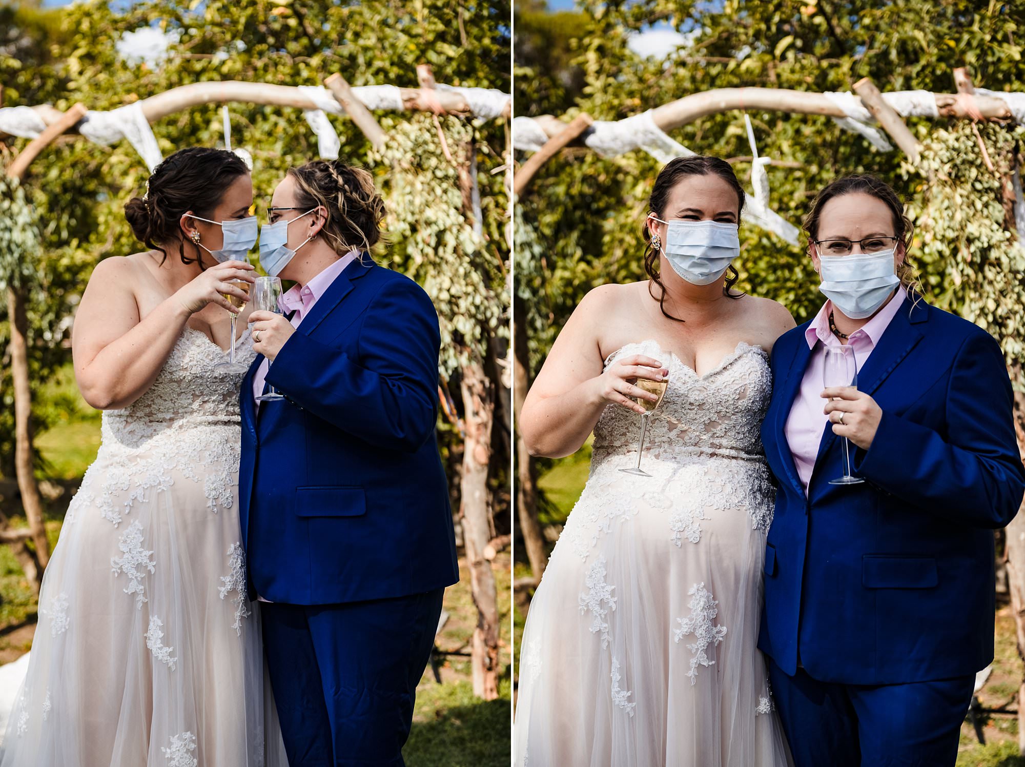 same sex lesbian couple wearing mask during their covid 19 elopement 